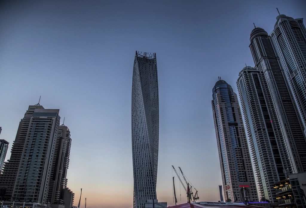 Cayan Tower, Dubai Marina, at dusk